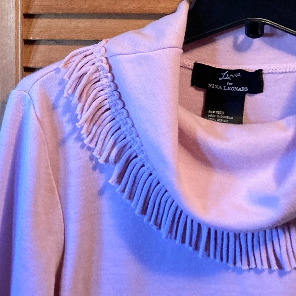 Lennie for Nina Leonard Pink Cowl Neck Fringed Collar Knit Sweater - Picture 5 of 16